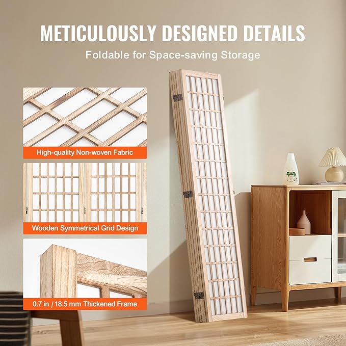 VEVOR Room Divider, 6 Panel Japanese Room Divider, Wood Folding Privacy Screen Indoor, Partition Dividers Portable Decoration Screens, for Room Separation Home Office Restaurant & Bedroom(Natural)