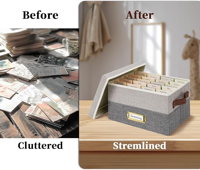 Vienrose Greeting Card Organizer Box with 20 Removable Dividers, 84 Self-Adhesive Labels, Foldable Storage Box Great for Greeting Cards, Photos, Envelopes, Stickers, Postcards Light Grey&Dark Grey