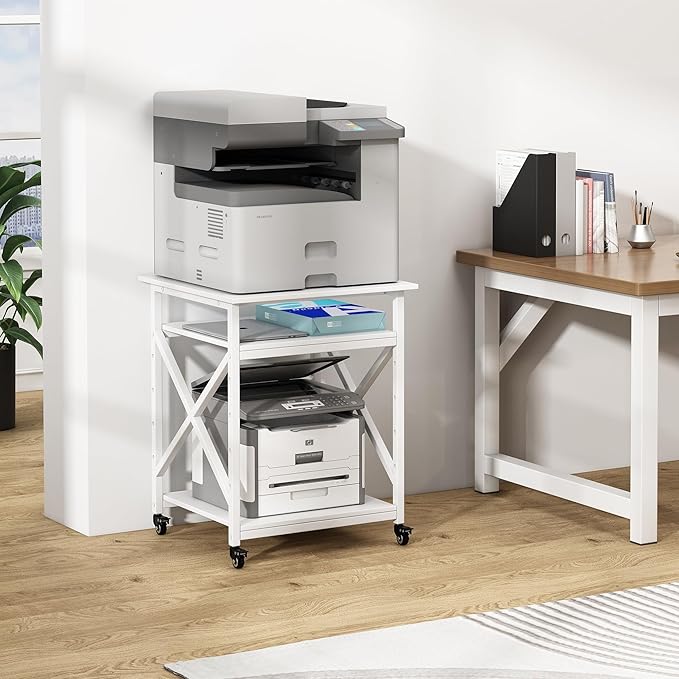 Fannova Large Printer Stand with Height Adjustable Storage Shelf, 23.6 x 23.6 Inches Square Printer Table with Industrial Wheels, Multi-use 3 Tier Rolling Printer Cart for Home Office - White