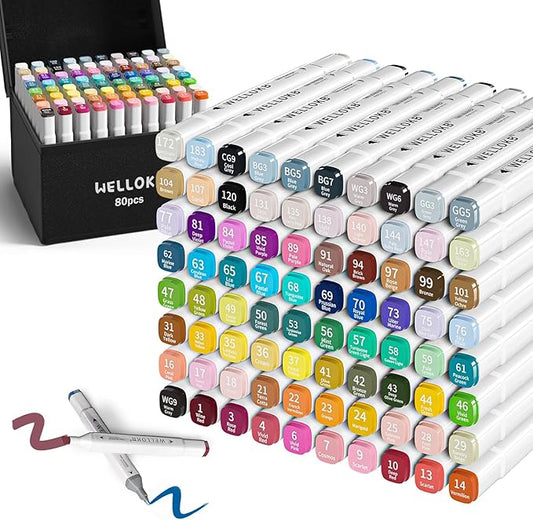 WELLOKB Alcohol Markers,80 Colors Dual Tip Permanent Art Markers for Adults Coloring Illustrations Sketch,Christmas gift,Alcohol Based Marker with Case,for Book Painting Card Making