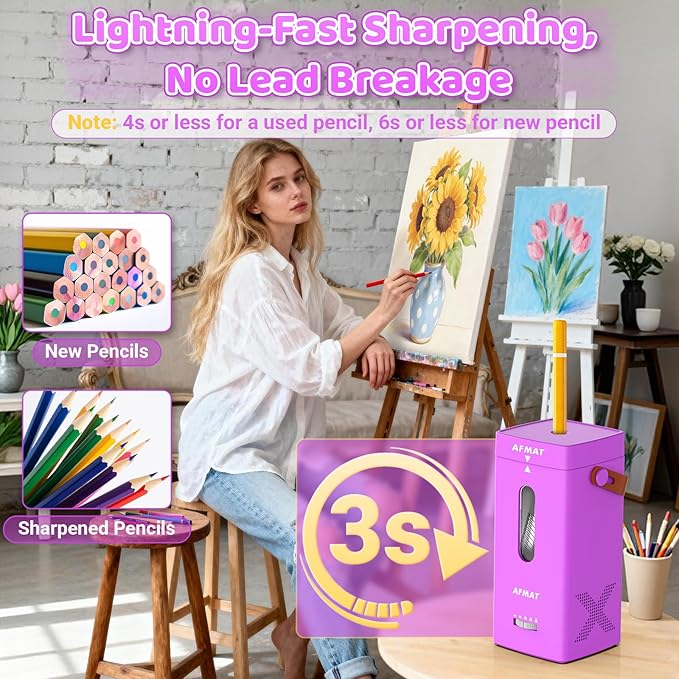 AFMAT Electric Pencil Sharpener, Fully Automatic Pencil Sharpener, Auto in & Out, Rechargeable Hands-Free Sharpeners for Jumbo & Colored Pencils (6.5-12mm), Portable for Home/Classroom/Office PSC6
