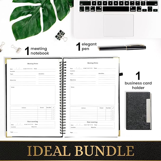 Meeting Notebook Set for Work – 3 Piece PU Leather Business Notebook with Pen & Card Holder, Professional Planner 7”x10”, Black with Gold Corners