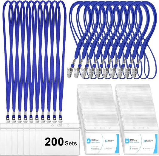 Marspark 200 Sets Clear Name Tags with Lanyard, Lanyards for ID Badges Reusable Strap with ID Holder Plastic Name Badges for Adults Business School Church Conference (Blue)