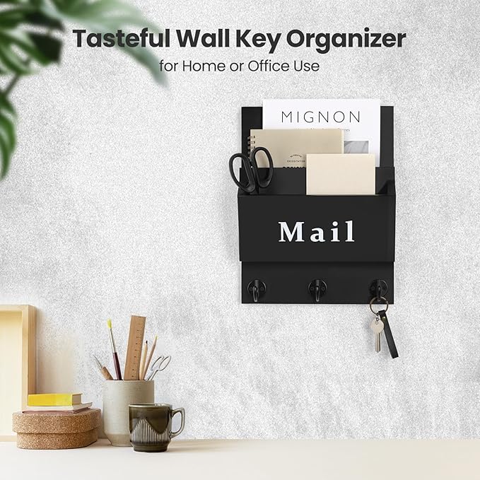 Lucundm Mail and Key Holder - Decorative 9.8" x 12.5" Wall Key Hanger with 2 Mail Organizer Slots and 3 Hooks - Real Paulownia Wood with Keyhole Brackets, Hardware and Instructions (Black)