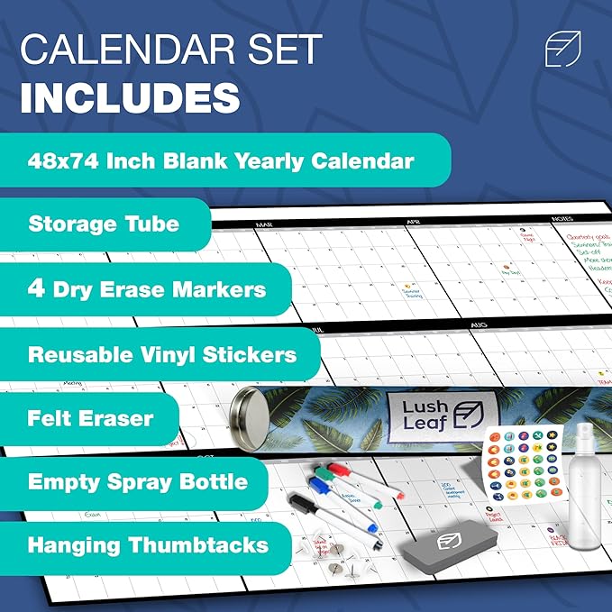 Large Dry Erase Calendar for Wall, 48" x 74" - Undated, Yearly, Reusable - Full 12 Month Year - Includes Markers, Eraser & Accessories