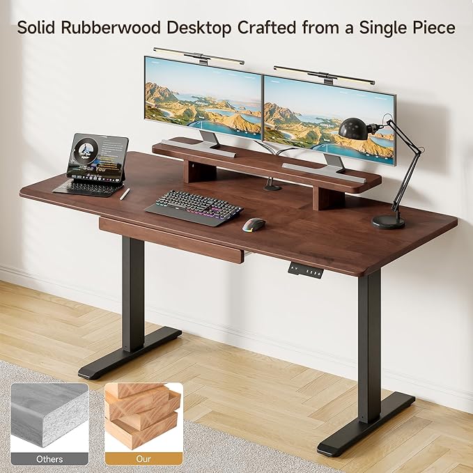 ONBRILL Standing Desk with Drawer, 55x23.6 Inches Solid Wood Desktop Stand Up Desk with Whole-Piece Board and Storage Shelf, Adjustable Height from 28-46 Inches for Home & Office, Black Walnut