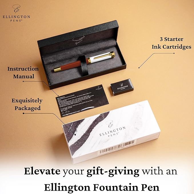 Ellington Pens Luxury Fountain Pen Set - Smooth Fine Nib - Includes 3 Ink Cartridges, Refillable Ink Converter, Gift Box - Fountain Pens For Writing, Calligraphy, Journaling, Sketching (Ivory Suede)