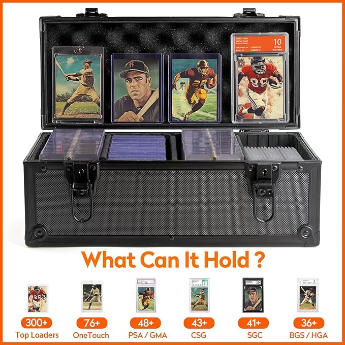 MewVeer Top Loader Storage Box with Key Locks, Trading Card Storage Case, Sports Card Box & Hard Cases Holds up to 300+ Top Loaders, 76 One Touch (35pt), 48 PSA/GMA, 43 CSG, 41 SGC, 36 BGS/HGA