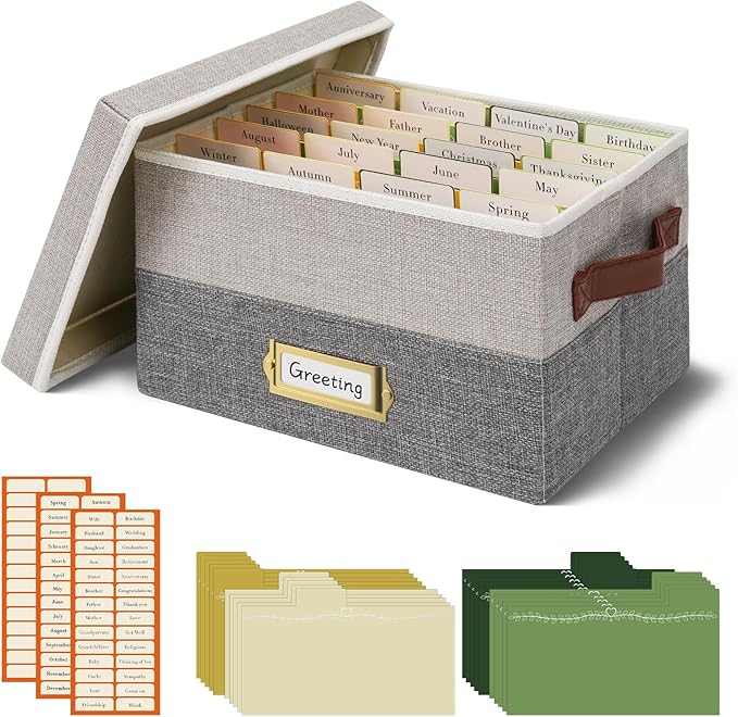 Vienrose Greeting Card Organizer Box with 20 Removable Dividers, 84 Self-Adhesive Labels, Foldable Storage Box Great for Greeting Cards, Photos, Envelopes, Stickers, Postcards Light Grey&Dark Grey