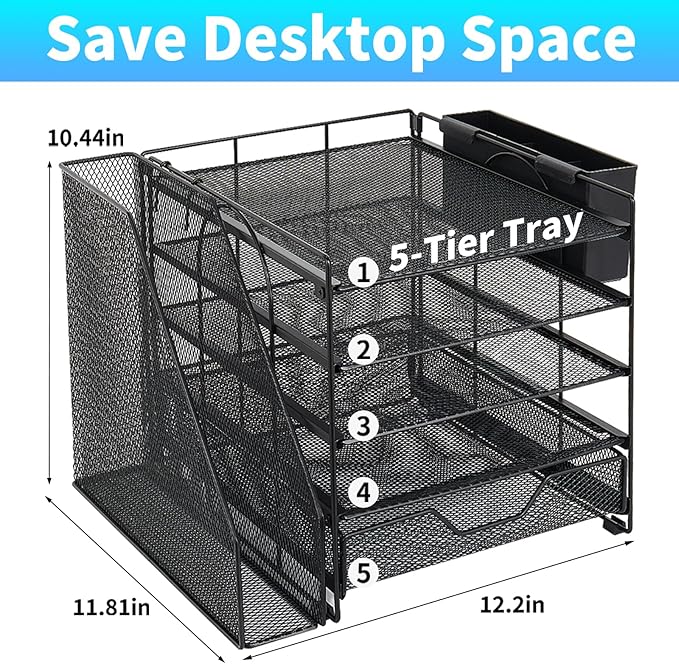 Gugsey Desk Organizer, 5-Tier Paper Letter Tray Organizer with File Holder, Drawer and Pen Holder, Desktop Organizer for Office Supplies, Black