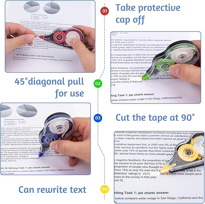 JEFURE 4 Pcs Colorful Correction Tape, 39.4 Ft White Wrong Out Tear-Resistant Bulk, Instant Corrections Easy To Use Applicator for School, Office, Note Taking, Journal (Tape Width 0.2 in, Clear)