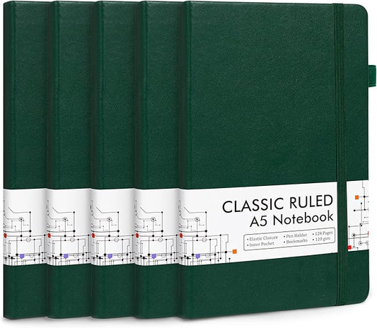 feela 5 Pack Journal Notebook Bulk for School, Hardcover Business Notebooks Classic Ruled Lined Journals with Pen Holder for Work Note Taking, with 5 Black Pens, 120 GSM, 5.1”x8.3”, A5, Dark Green