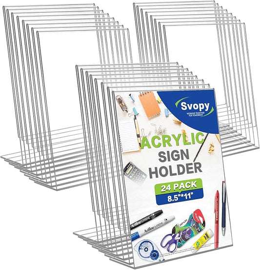 SVOPY Acrylic Sign Stand Holders - 8.5 x 11 Inches Clear Plastic Table Paper Display Stand, Suit for Displaying Posters, Picture, Flyers, Menu - 24 Pack