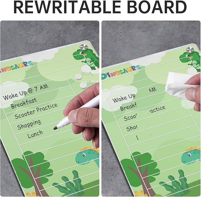 NiHome Acrylic Magnetic To Do List Planning Board with Sliders & Desktop Stand, Kids Chore Chart, Checklist Routine Chart Task Board for Fridge & Desk, For Magnetic Metal Surfaces Only(Green Dinosaur)