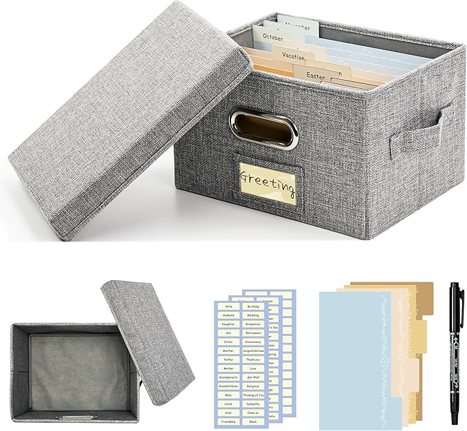 Remowith Greeting Card Organizer and Storage Box with 20 Pcs Adjustable Dividers, Storing Cards with 84 Pcs Labels Perfect for Storing Greeting Cards, Envelopes, Photos 1 Pack Grey