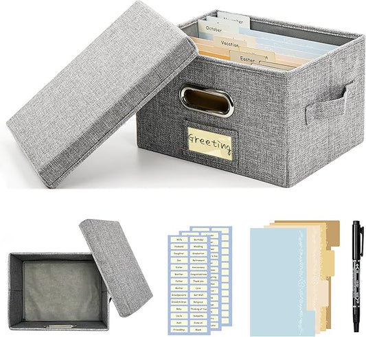 Remowith Greeting Card Organizer and Storage Box with 20 Pcs Adjustable Dividers, Storing Cards with 84 Pcs Labels Perfect for Storing Greeting Cards, Envelopes, Photos 1 Pack Grey
