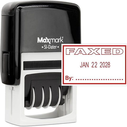 MaxMark Office Self Inking Date Stamp with Phrase Faxed - Red Ink