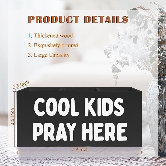 Exqcom Christian Pen Pencil Crayon Holder for Kids Boys, Cool Kids Pray Here Bible Verse Pencil Pen Holder Organizer for Toddler Boys Room Bedroom Desk Accessories,Room Bedroom Decor