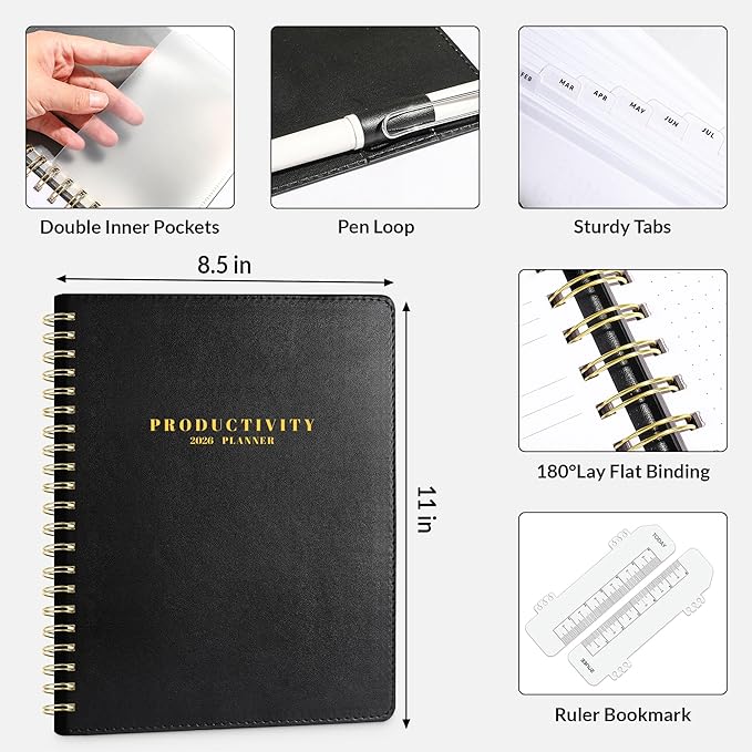 SUNEE 2026 Planner 8.5" x 11" – Dated Productivity Planner for Time Management - Daily,Weekly & Monthly Planner to Achieve Goals - Planner 2026 dated from January 2026 – December 2026,Black
