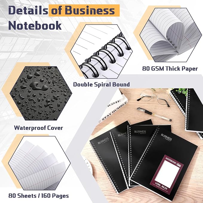 Resurhang 8 Pack Wirebound Business Notebook Legal Ruled Spiral Notebook 6-5/8" x 9-1/2" 80 Sheets Per Pad Professional Journal for Office Journal Planner Work Meeting Men Women(Purple)