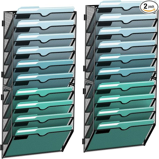 SUPEASY 10-Tier Wall File Organizer, Hanging Wall Files for Papers, Folders, Magazines, Wall Organizer for Clipboard, Assembly Needed, Black, 2 Pack