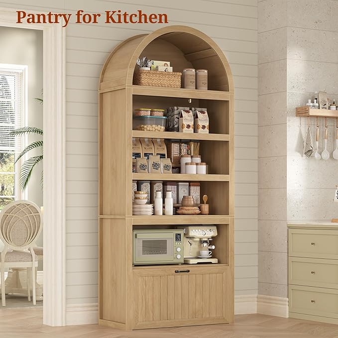 81" Tall Arched Cabinets,Bookcase with Drawer storage,Mid-Century Modern 5-Tier Bookshelf,2 Book Risers and Adjustable Shelves offering more storage space for Living Room,Kitchen,Home Office,Oak