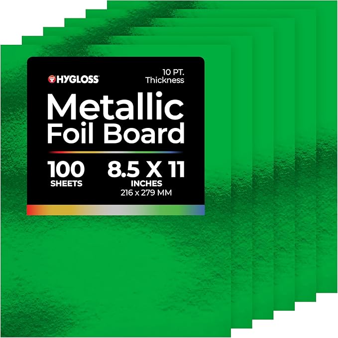 Hygloss Metallic Cardstock Sheets – 100 Shiny Green Sheets, 8.5” x 11” - Sturdy 10 pt. – Metallic Foil Board Paper for Crafts, Scrapbooking, Posters & Decorations