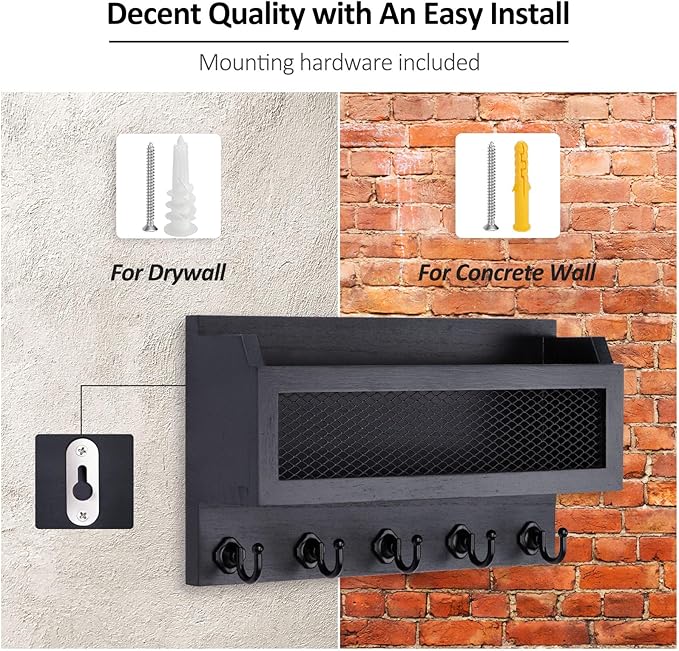 Nekon Mail and Key Holder for Wall Decorative, 11 Inch Wooden Wall Key Organizer with 5 Key Hooks, Wall Mount Storage Shelf for Entryway Hallway (Black)