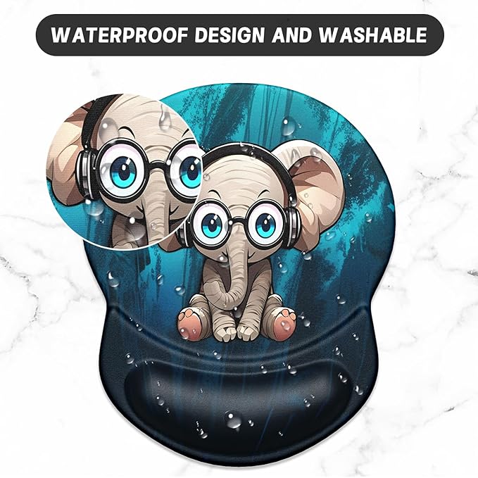 ITNRSIIET Ergonomic Mouse Pad with Gel Wrist Support Small Wrist Rest Smooth Surface Non-Slip PU Base Comfortable Office Supplies Pain Relief, 8.7 x 7.2 inches, Pretty Elephant