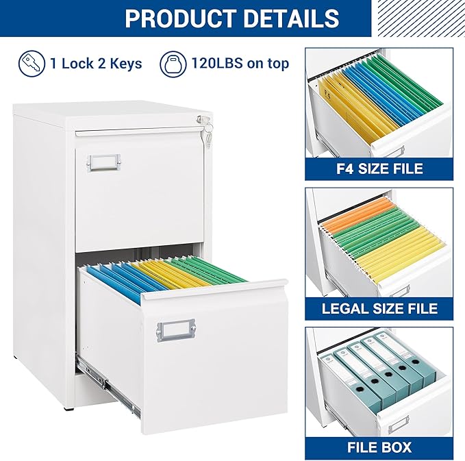 Fesbos 2 Drawers Vertical File Cabinets - 17.8" Deep Lockable Filing Cabinet - Metal Storage Cabinets for Home Office to Hanging Files Letter/Legal/F4/A4 Size