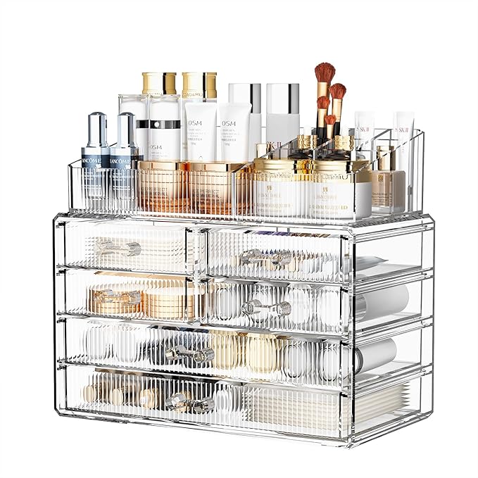 ZHIAI Stackable Storage Drawers, Acrylic Bathroom Counter Organizer Clear Makeup Organizers for Vanity, Kitchen Cabinets, Bathroom, Undersink, Home Organization and Storage (1 Top 6 Drawers)