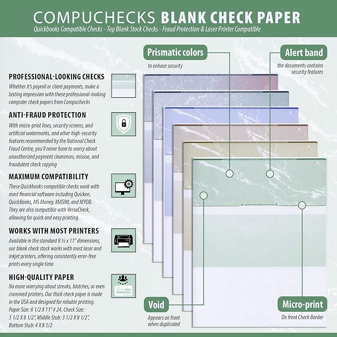 Compuchecks Check on Top Blank Check Paper - 2500 Pack, Quick-Books & Laser Printer Compatible - Security Business Checks with Voucher - 8.5" x 11" Burgundy Pinstripe