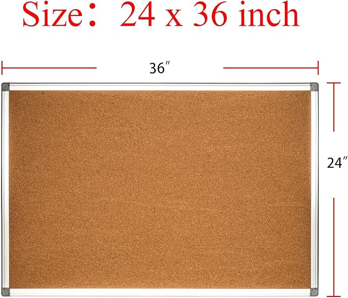 Cork Bulletin Board, Bulletin-Boards, Notes Board, Memo Board, 24x 36 inch, Silver Aluminum Frame