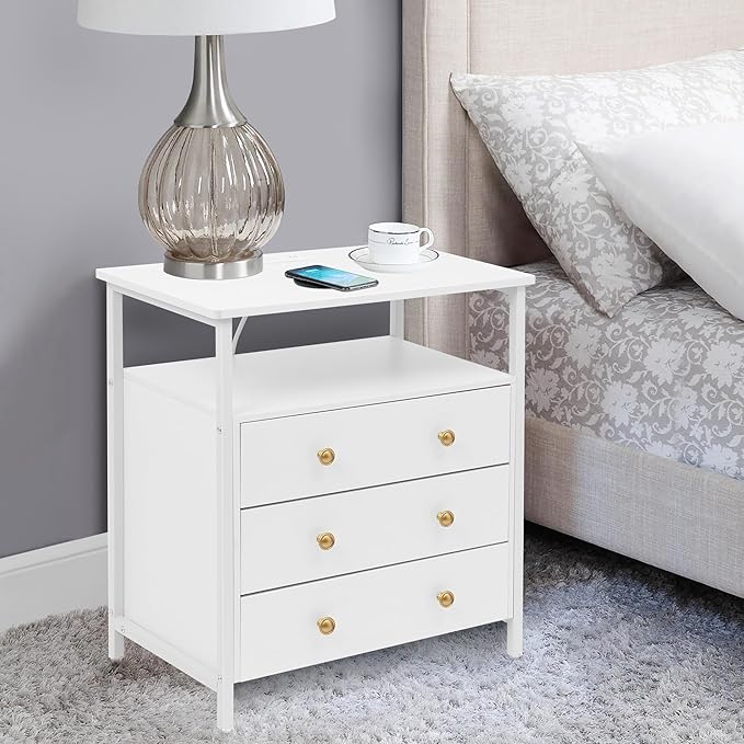 Edbuosy 3 Wooden Drawers Night Stand, 27 Inch Wide Nightstand with Charging Station and Adjustable Drawers, Small Dresser for Closet, Bedside Table for Living Room/Bedroom/Office, White.