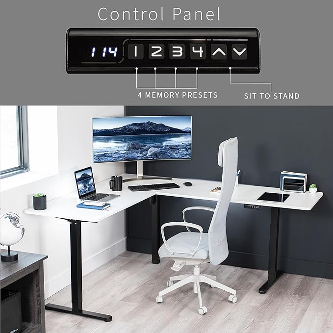 VIVO Electric Corner 75 x 63 inch L-Shaped Standing Desk, Memory Height Adjustment, White Top Black Frame, DESK-E3CTBW-75