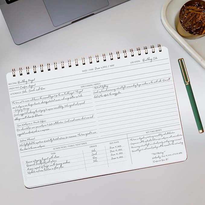 Merely Home | Meeting Notebook for Work | 8.25" x 11.75" | Project Planner | Simple Design | Multiple Layouts | Office and Business Planner (Rust, Meeting Planner - Landscape)