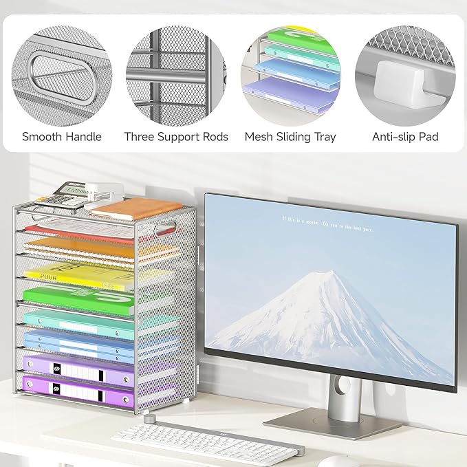 Cawukege 9 Tier Paper Organizer with Handle, Large Capacity Desk Organizer Mesh File Folder Letter Paper Tray Desktop Document Sorter for Classroom, School, and Office Accessories Organization- Silver