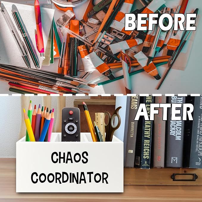 XPH Chaos Coordinator Pen Pencil Holder Organizer for Desk, Thank You Gifts for Women Men Coworkers Boss Leader Manager, Appreciation Gifts Wooden Box Sign for Home Office Desk Tabletop Decorations