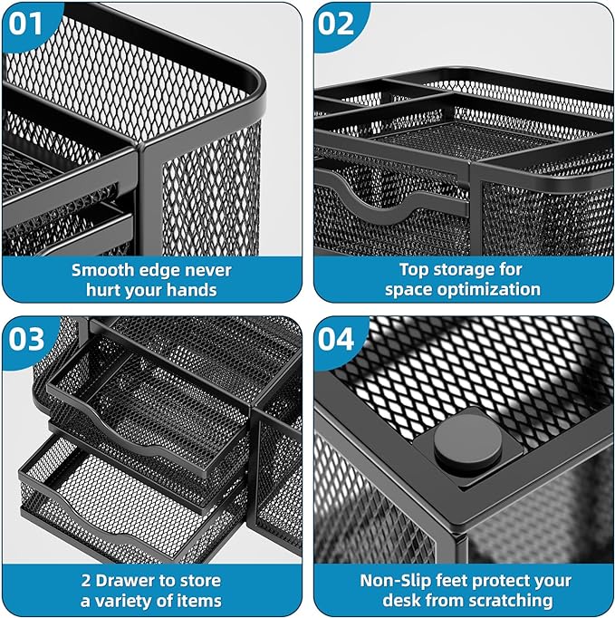Marbrasse Mesh Desk Organizer, Pen Organizer with 2 Drawer, Multi-Functional Pencil Holder, Desk Organizers and Accessories with 5 Compartments + Drawer for Office Art Supplies (Black)