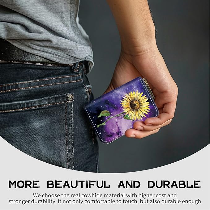 BWEGRHE Cute Credit Card Holder with Zipper, Sunflower Yellow Purple Galaxy RFID-Blocking Card Case Small Wallet for Women Men, Multi-slot Card Organizer Case Travel Accordion Wallet