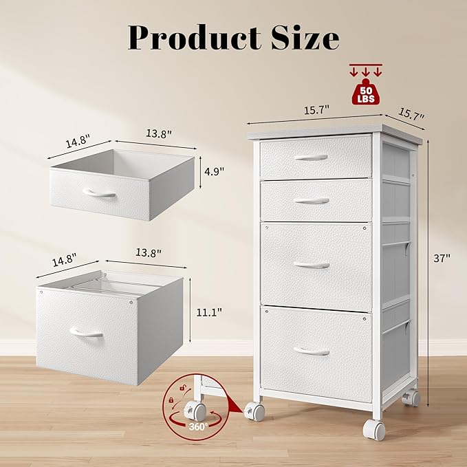 4 Drawers Mobile File Cabinet Vertical Filing Cabinet with Fabric Drawer Fits A4/Letter Size Printer Stand for Home Office，White