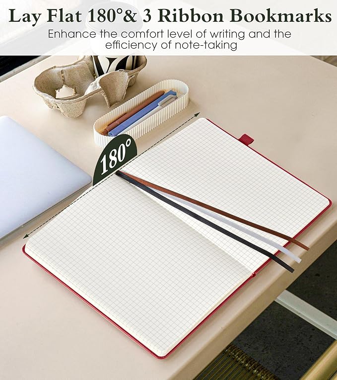 PAIBAS Graph Notebook for Women Men, 160 Pages Grid Paper, Graphing Notebooks for School, Work, Quad Ruled, Inner Pocket, A5 Hardcover Vintage Leather Journals for Writing, 5.8"x8.5" (Burgundy)