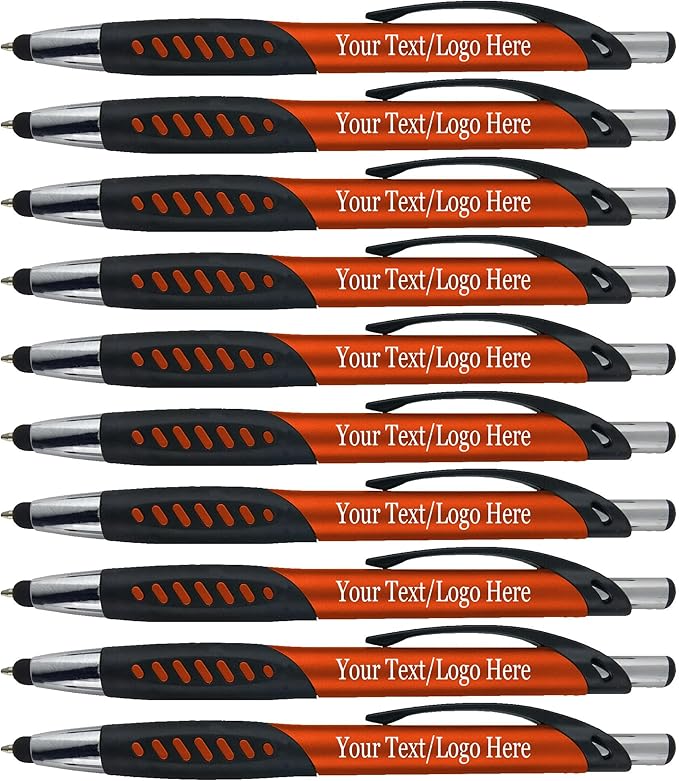 SyPen Personalized Pens With Custom Logo or Text-350 Pack Bulk-for Businesses, Parties, and Events, 2 in 1 Ballpoint Pen & Capacitive Stylus for Touchscreen Devices, Click Action, Black Ink, Orange