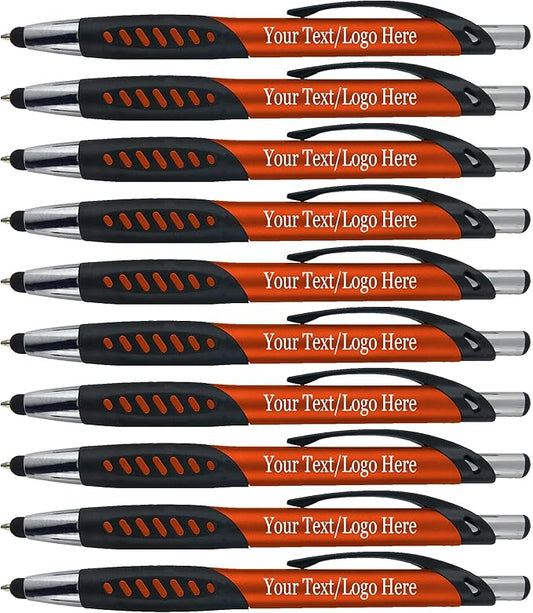 SyPen Personalized Pens With Custom Logo or Text-350 Pack Bulk-for Businesses, Parties, and Events, 2 in 1 Ballpoint Pen & Capacitive Stylus for Touchscreen Devices, Click Action, Black Ink, Orange