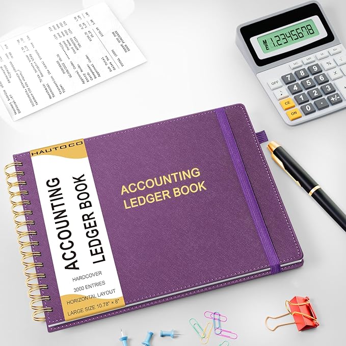HAUTOCO Hardcover Accounting Ledger Book for Small Business Bookkeeping Horizontal Money Expense Tracker Notebook with 2 Storage Pouch, Personal Columnar Log Journal 10.78 x 8'', Deep Purple