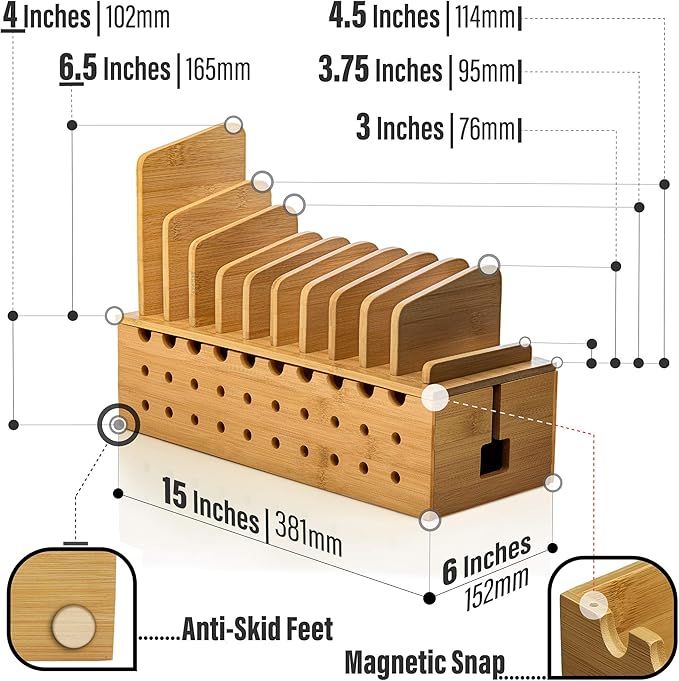 Prosumer's Choice Multi Device Charging Station - Bamboo Charging Dock and Cord Organizer for 10 Devices - Bamboo Desk Organizer Rack with Cable Box for Power Strip Storage, Phones and Tablets