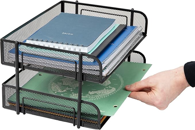 Mind Reader Stackable Paper Tray, Desktop Organizer, File Storage, Office, Metal Mesh, 13.5" L x 10" W x 7.25" H, 2 Pcs., Black