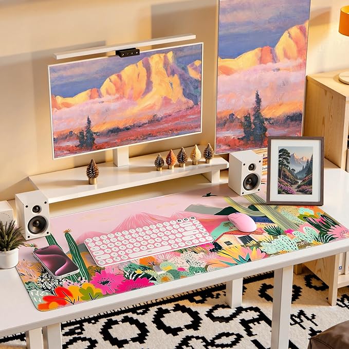 iCasso Large Gaming Mouse Pad (35"x16") - Waterproof Desk Mat with Non-Slip Rubber Base & Stitched Edges - Extended Keyboard Mousepad for Computer, PC, Office, Home Workspace (Cactus)