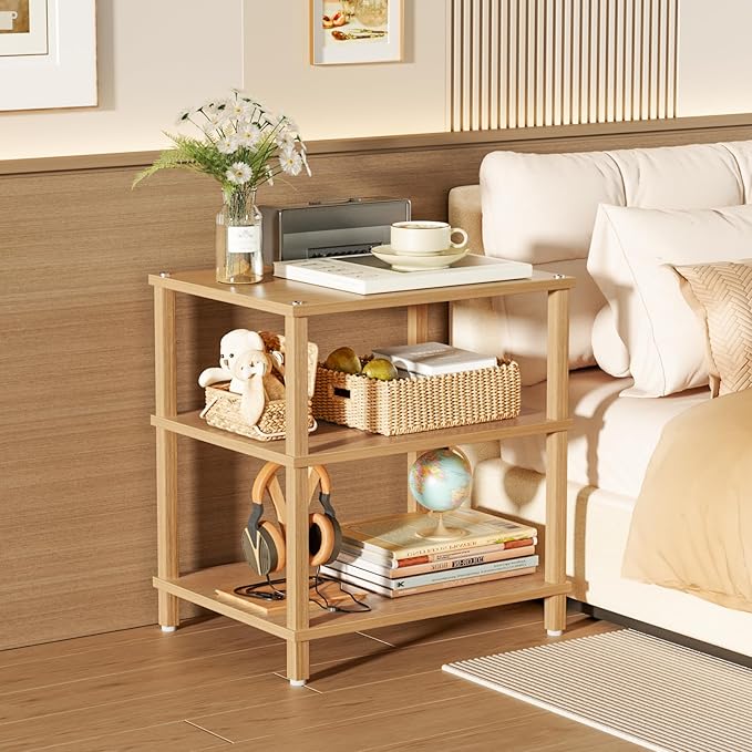 LELELINKY 3-Tier AV Media Player Stand Set of 2, Natural Stereo Cabinet, Wooden TV Stand,Game Console Shelf, Multifunctional Entertainment Center, Suitable for Home, Conference Room, Game Studio