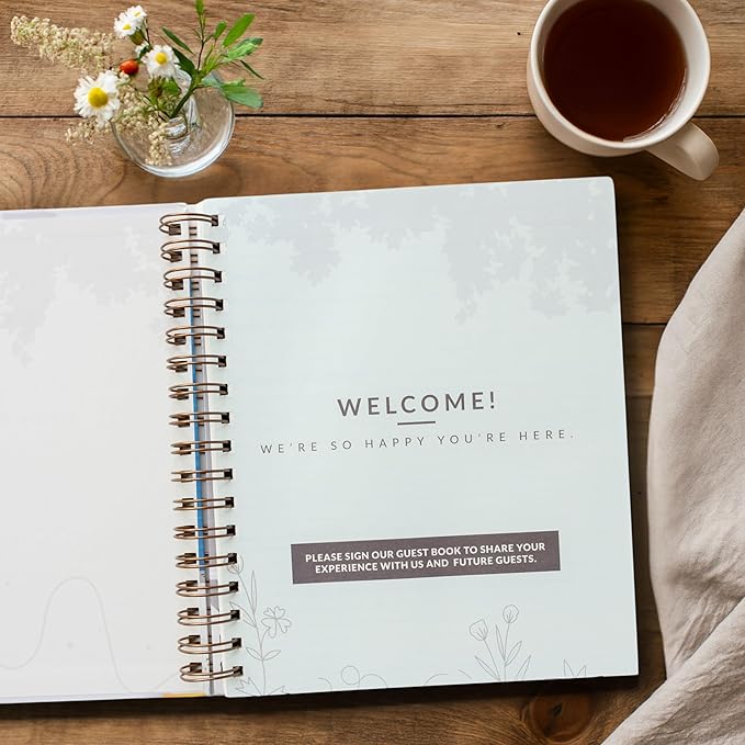 Paper 'n Such Guest Book for Rental House - Vacation Home - Short Term Rentals, Host Essentials, Spiral Hardcover Welcome Log for Airbnbs- 200 Pages (White/Blue)